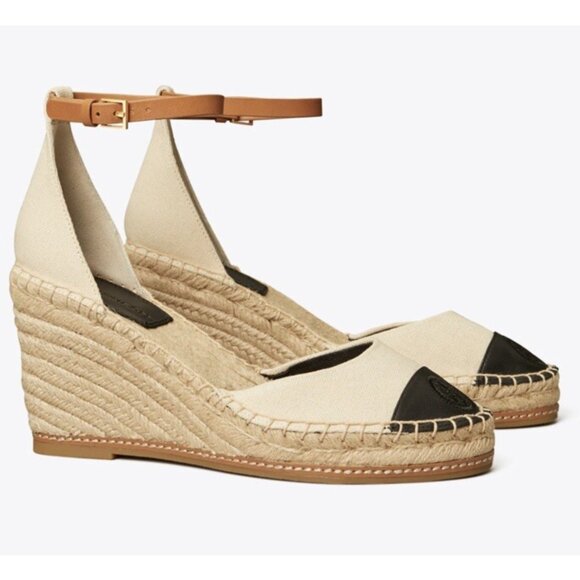 NEW Tory Burch Colorblock 85 MM Wedge Espadrilles Cream Black Resortwear Beach - Picture 1 of 16